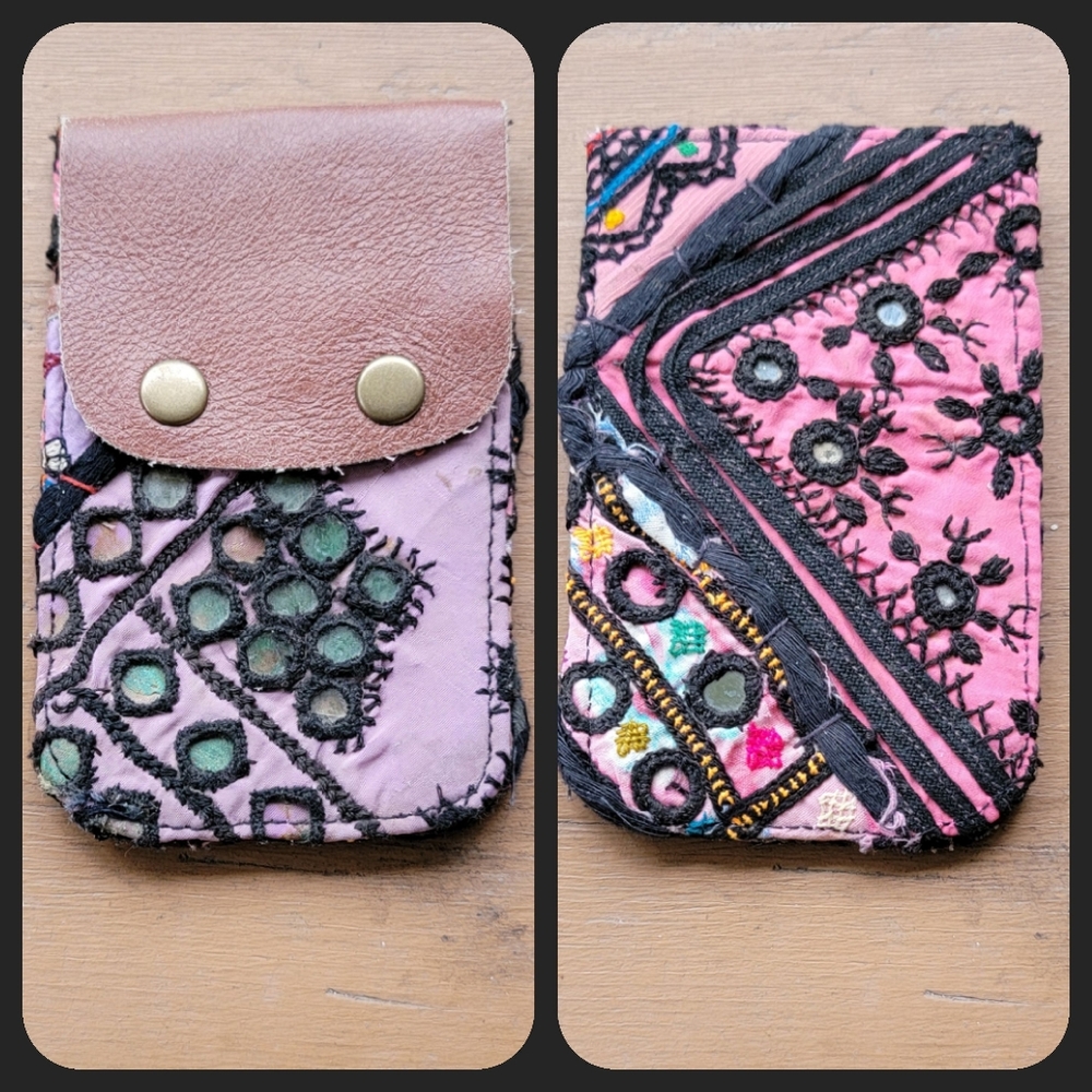 🧠🍳 Free People Boho Embroidered Repurposed vtg banjara hippie Wallet card case